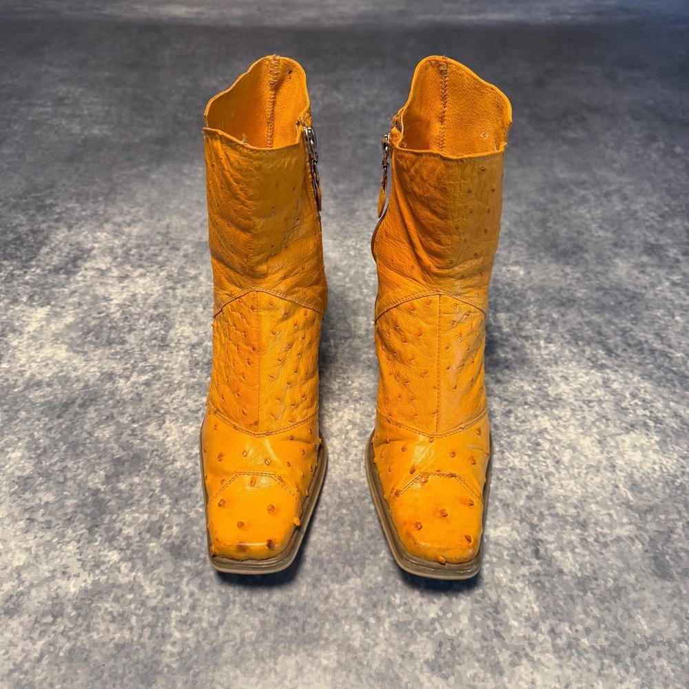 Vtg Luciano Rossi Ostrich Leather Ankle Boots Womens US 6 Yellow Block Western